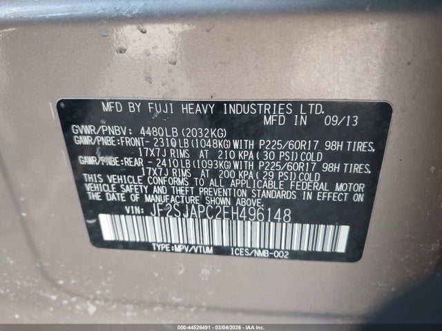 2014 Subaru Forester 2.5i Touring მანქანა იყიდება აუქციონზე, vin: JF2SJAPC2EH496148, აუქციონის ნომერი: 44526491