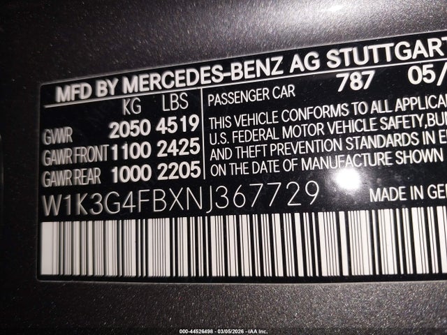 Aukcja sprzedaży 2022 Mercedes-benz A 220 4matic, vin: W1K3G4FBXNJ367729, numer aukcji: 44526498