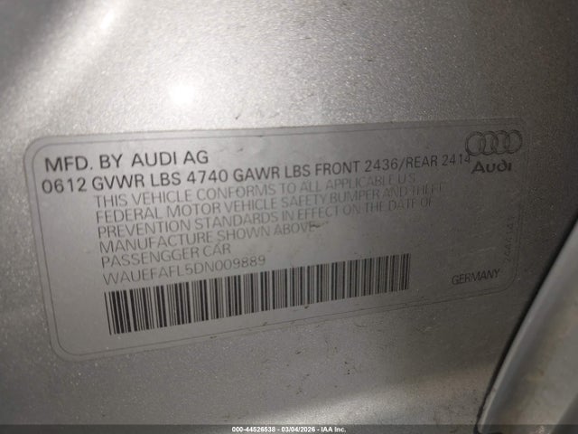 44526538 :رقم المزاد ، WAUEFAFL5DN009889 vin ، 2013 Audi A4 2.0t Premium مزاد بيع