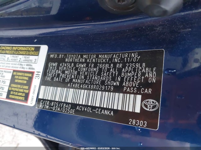 2008 Toyota Camry Le მანქანა იყიდება აუქციონზე, vin: 4T4BE46KX8R029179, აუქციონის ნომერი: 44526553