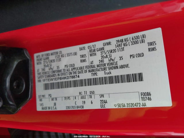 2017 Ford F-150 Xlt მანქანა იყიდება აუქციონზე, vin: 1FTEW1EP8HKD78874, აუქციონის ნომერი: 44526649