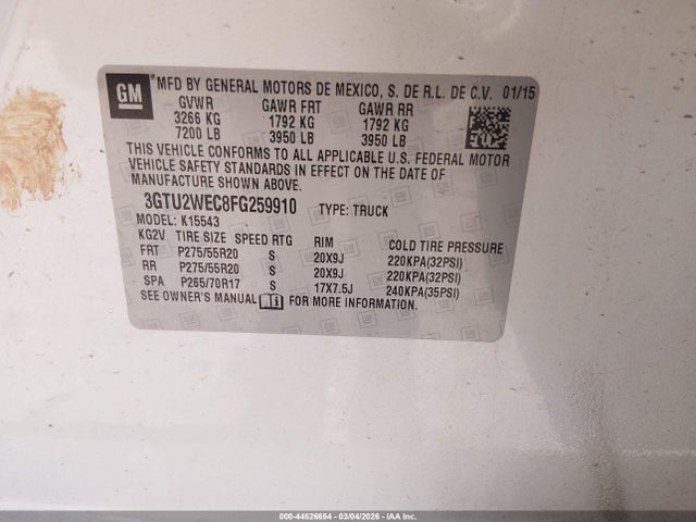 2015 Gmc Sierra 1500 Denali მანქანა იყიდება აუქციონზე, vin: 3GTU2WEC8FG259910, აუქციონის ნომერი: 44526654