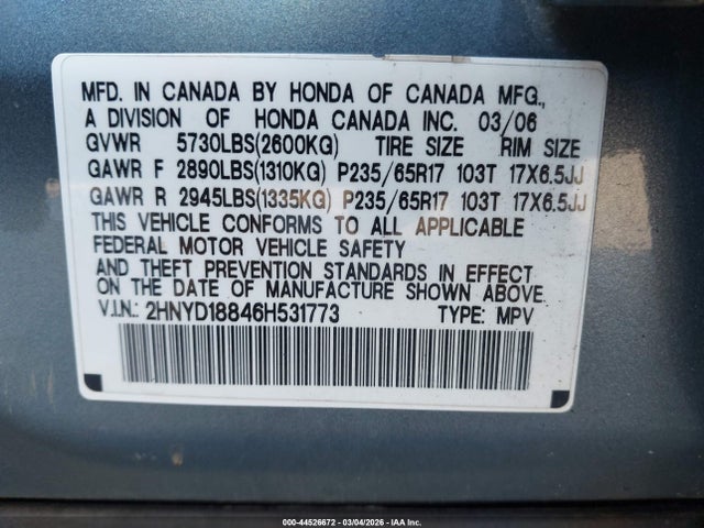 Aukcja sprzedaży 2006 Acura Mdx, vin: 2HNYD18846H531773, numer aukcji: 44526672
