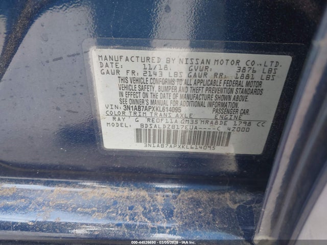 2019 Nissan Sentra Sv მანქანა იყიდება აუქციონზე, vin: 3N1AB7APXKL614095, აუქციონის ნომერი: 44526690