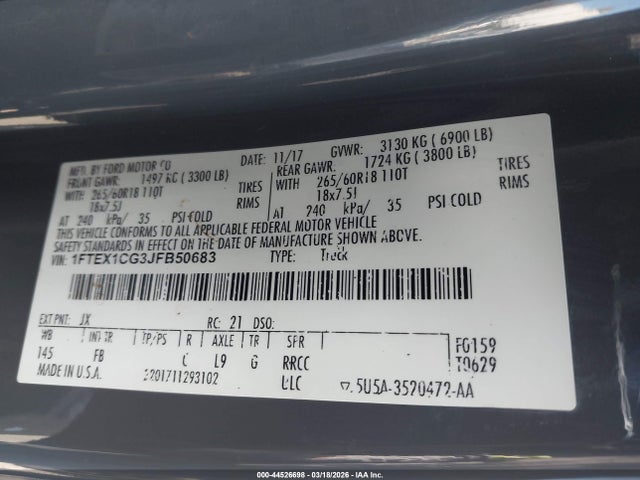 Продаж на аукціоні авто 2018 Ford F-150 Xlt, vin: 1FTEX1CG3JFB50683, номер лоту: 44526698