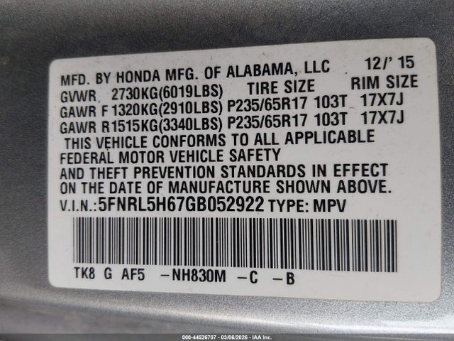 2016 HONDA ODYSSEY 5FNRL5H67GB052922 Photo 8