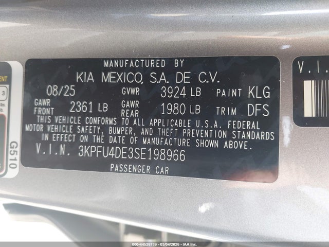 2025 Kia K4 Ex მანქანა იყიდება აუქციონზე, vin: 3KPFU4DE3SE198966, აუქციონის ნომერი: 44526739