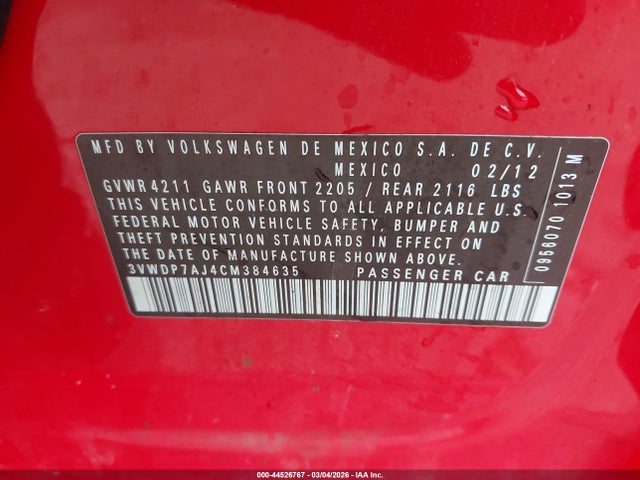 2012 Volkswagen Jetta 2.5l Se მანქანა იყიდება აუქციონზე, vin: 3VWDP7AJ4CM384635, აუქციონის ნომერი: 44526767