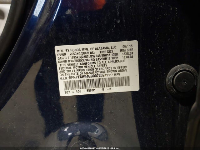 5FNYF6H54GB007209 Honda Pilot Ex-l