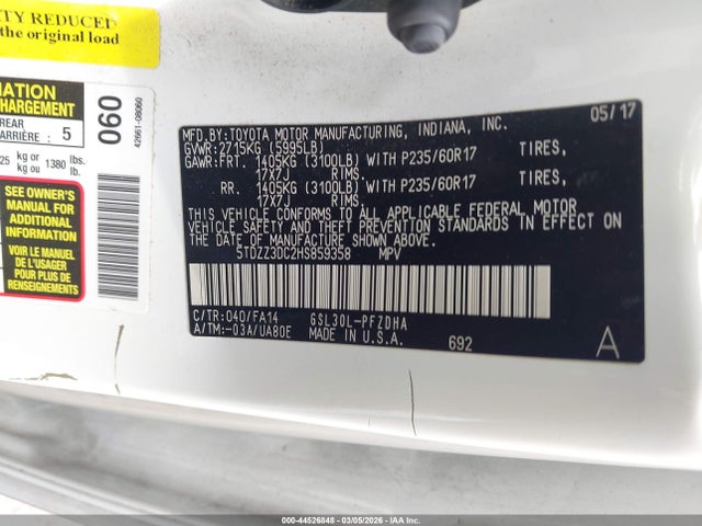 5TDZZ3DC2HS859358 Toyota Sienna L 7 Passenger