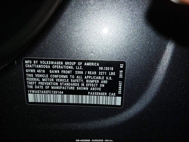 Продажа на аукционе авто 2015 Volkswagen Passat 1.8t Limited Edition, vin: 1VWAS7A32FC120144, номер лота: 44526866