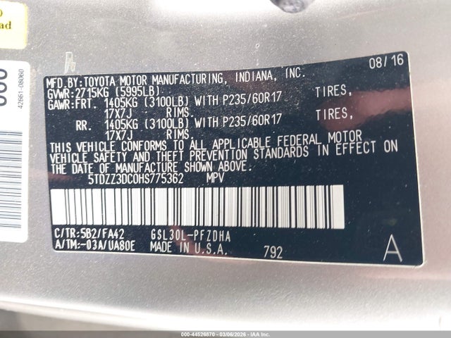 5TDZZ3DC0HS775362 Toyota Sienna L 7 Passenger