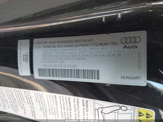 Auction sale of the 2008 Audi Tt 2.0t, vin: TRUAF38J581030995, lot number: 44526882