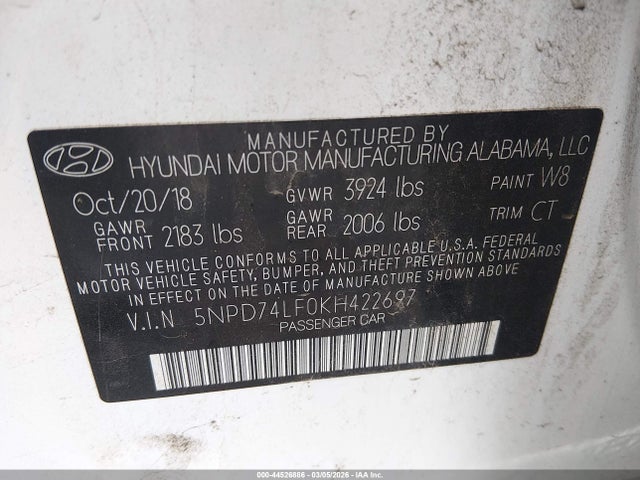 Aukcja sprzedaży 2019 Hyundai Elantra Se, vin: 5NPD74LF0KH422697, numer aukcji: 44526886