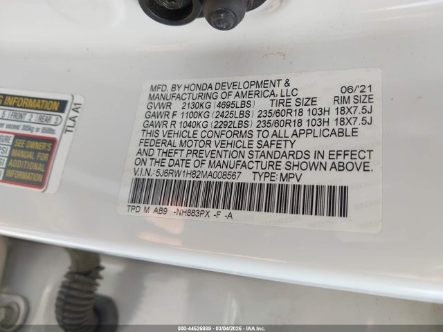 2021 Honda Cr-v 2wd Ex-l მანქანა იყიდება აუქციონზე, vin: 5J6RW1H82MA008567, აუქციონის ნომერი: 44526889