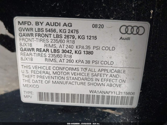 Aukcja sprzedaży 2020 Audi Q5 Premium 45 Tfsi Quattro S Tronic, vin: WA1ANAFY1L2115606, numer aukcji: 44526899