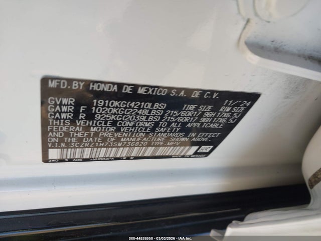 Продаж на аукціоні авто 2025 Honda Hr-v 2wd Ex-l, vin: 3CZRZ1H73SM736820, номер лоту: 44526950