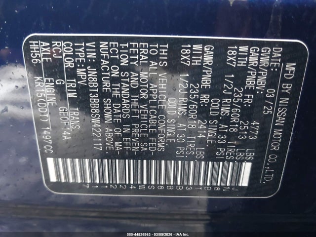 2025 Nissan Rogue Sv Intelligent Awd მანქანა იყიდება აუქციონზე, vin: JN8BT3BB8SW422117, აუქციონის ნომერი: 44526963