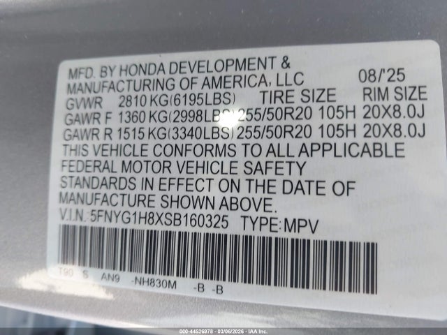 5FNYG1H8XSB160325 Honda Pilot Elite