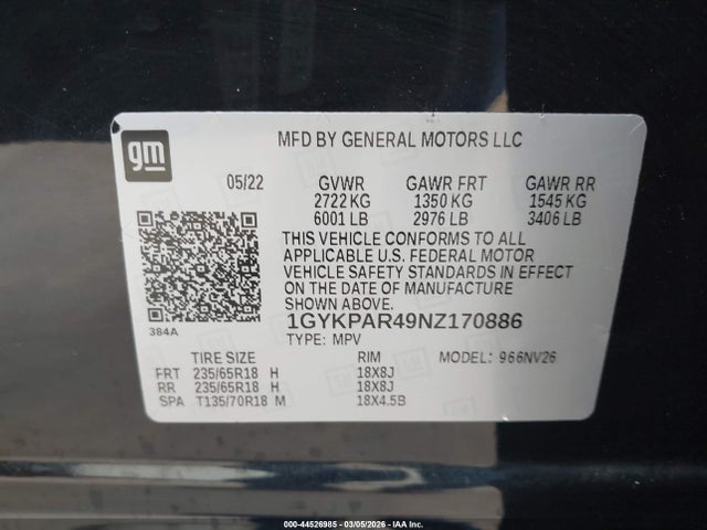 2022 Cadillac Xt6 Fwd Luxury მანქანა იყიდება აუქციონზე, vin: 1GYKPAR49NZ170886, აუქციონის ნომერი: 44526985