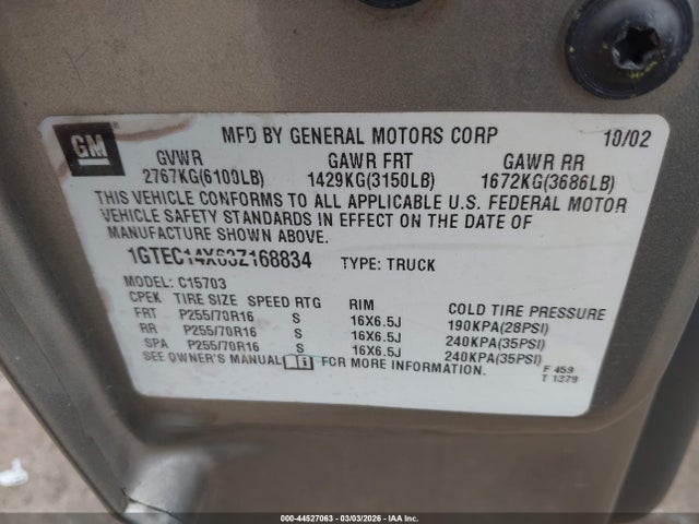 44527063 :رقم المزاد ، 1GTEC14X63Z168834 vin ، 2003 Gmc Sierra 1500 مزاد بيع