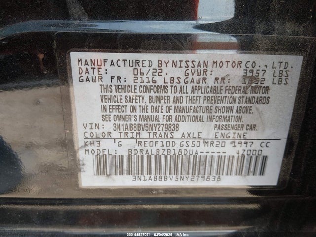 Продаж на аукціоні авто 2022 Nissan Sentra S Xtronic Cvt, vin: 3N1AB8BV5NY279838, номер лоту: 44527071