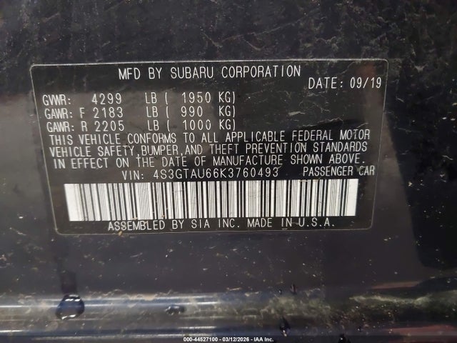 44527100 :رقم المزاد ، 4S3GTAU66K3760493 vin ، 2019 Subaru Impreza 2.0i Limited مزاد بيع