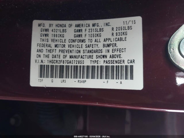 2016 Honda Accord Ex-l მანქანა იყიდება აუქციონზე, vin: 1HGCR2F87GA072850, აუქციონის ნომერი: 44527105
