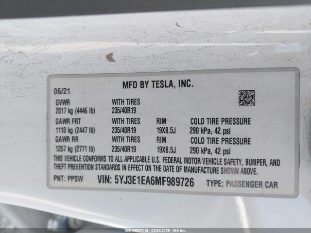 2021 TESLA MODEL 3 5YJ3E1EA6MF989726 Photo 8