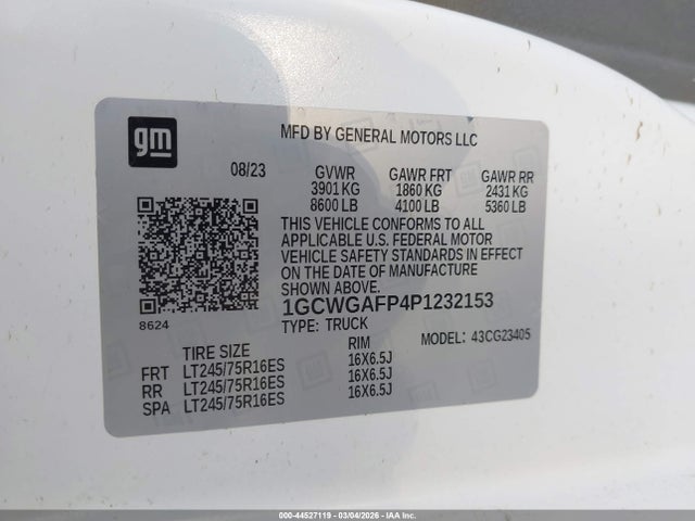 1GCWGAFP4P1232153 Chevrolet Express Cargo Rwd 2500 Regular Wheelbase Wt