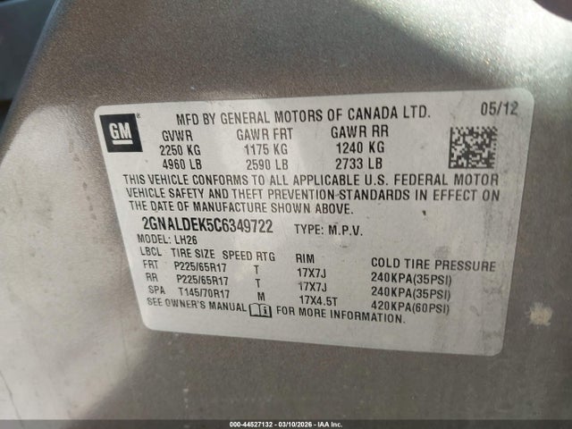 2012 Chevrolet Equinox 1lt მანქანა იყიდება აუქციონზე, vin: 2GNALDEK5C6349722, აუქციონის ნომერი: 44527132