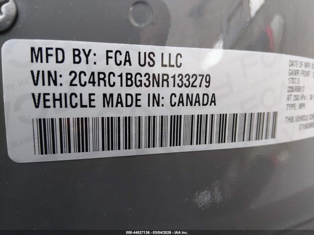 Aukcja sprzedaży 2022 Chrysler Pacifica Touring L, vin: 2C4RC1BG3NR133279, numer aukcji: 44527136