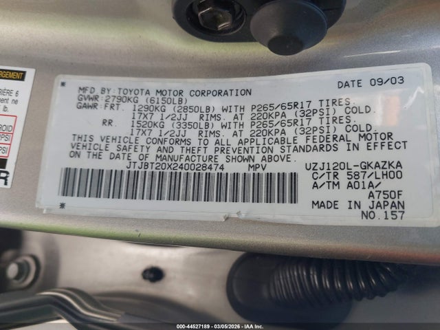 Aukcja sprzedaży 2004 Lexus Gx 470, vin: JTJBT20X240028474, numer aukcji: 44527189