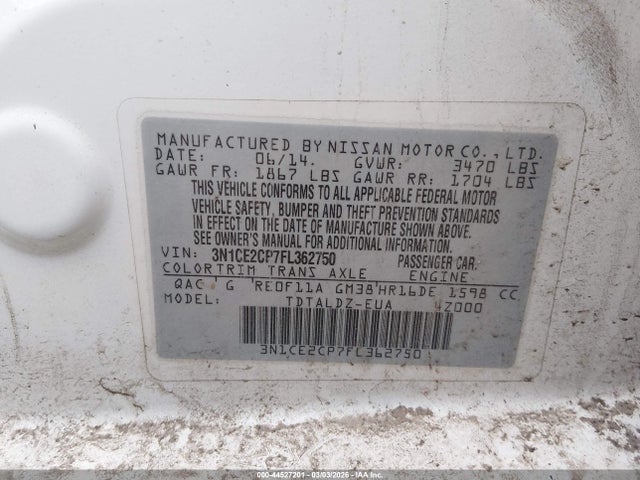 44527201 :رقم المزاد ، 3N1CE2CP7FL362750 vin ، 2015 Nissan Versa Note S (sr)/s Plus/sl/sr/sv مزاد بيع