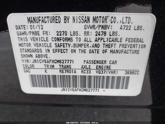 44527221 :رقم المزاد ، JN1CV6APXCM627771 vin ، 2012 Infiniti G37 Journey مزاد بيع