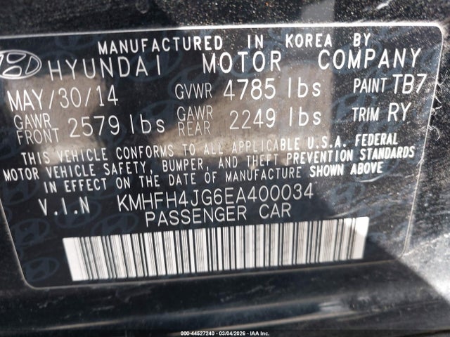 Auction sale of the 2014 Hyundai Azera Limited, vin: KMHFH4JG6EA400034, lot number: 44527240