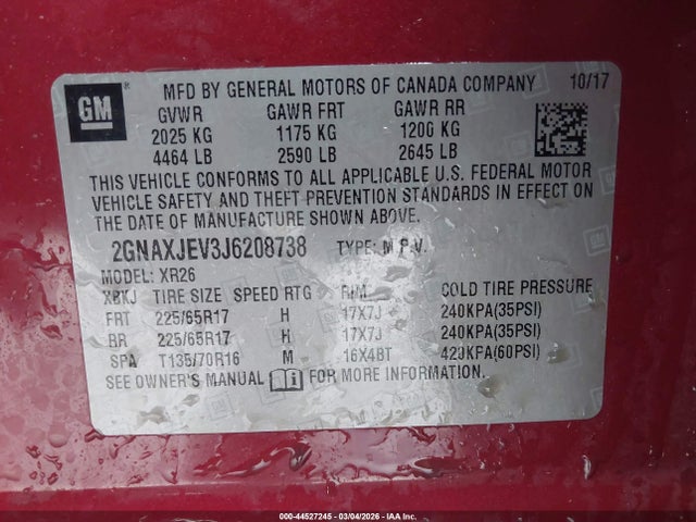 44527245 :رقم المزاد ، 2GNAXJEV3J6208738 vin ، 2018 Chevrolet Equinox Lt مزاد بيع