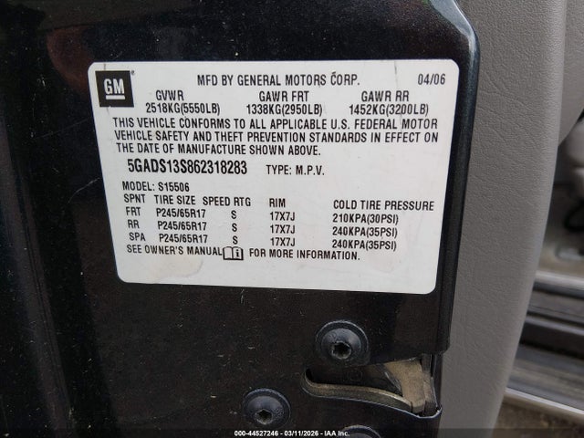44527246 :رقم المزاد ، 5GADS13S862318283 vin ، 2006 Buick Rainier Cxl مزاد بيع