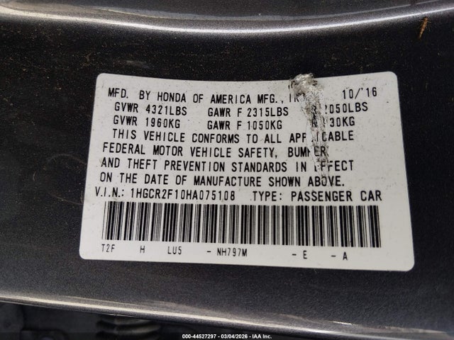 1HGCR2F10HA075108 Honda Accord Sport Se