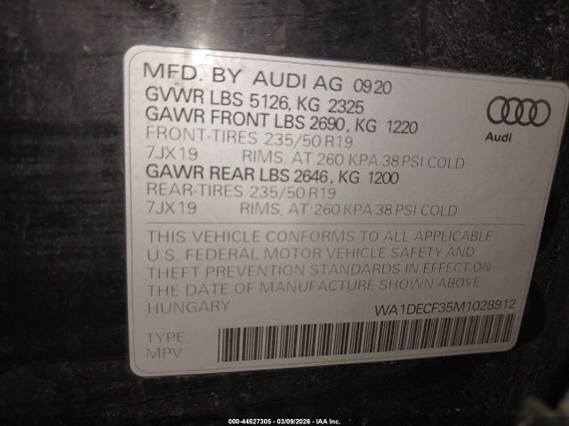Aukcja sprzedaży 2021 Audi Q3 Premium 45 Tfsi S Line Quattro Tiptronic, vin: WA1DECF35M1028912, numer aukcji: 44527305