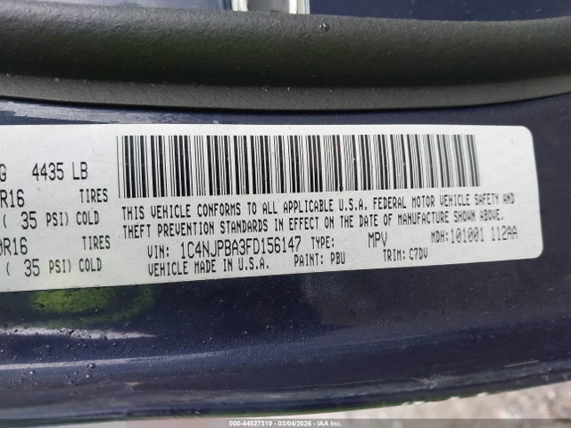 2015 Jeep Patriot Sport მანქანა იყიდება აუქციონზე, vin: 1C4NJPBA3FD156147, აუქციონის ნომერი: 44527319