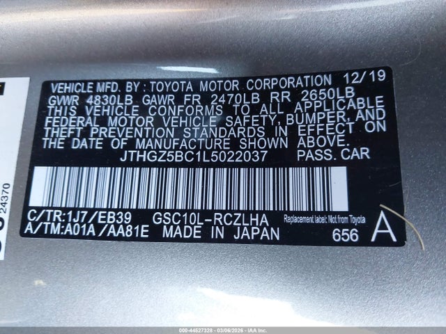 2020 Lexus Rc 350 F Sport მანქანა იყიდება აუქციონზე, vin: JTHGZ5BC1L5022037, აუქციონის ნომერი: 44527328