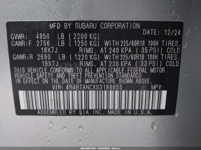 Aukcja sprzedaży 2025 Subaru Outback Limited, vin: 4S4BTANCXS3188855, numer aukcji: 44527383