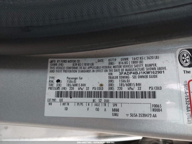 Aukcja sprzedaży 2019 Ford Fiesta Se, vin: 3FADP4BJ1KM162901, numer aukcji: 44527392