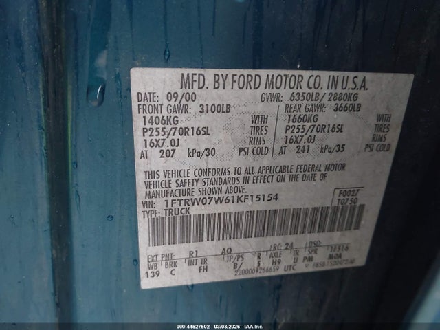 44527502 :رقم المزاد ، 1FTRW07W61KF15154 vin ، 2001 Ford F-150 Harley-davidson Edition/king Ranch Edition/lariat/xlt مزاد بيع