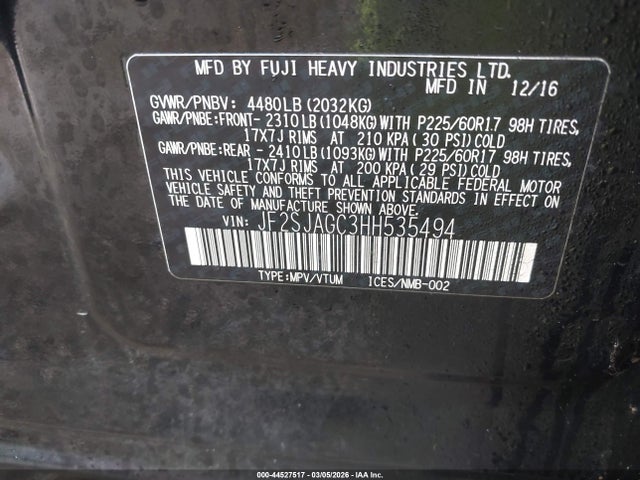 2017 Subaru Forester 2.5i Premium მანქანა იყიდება აუქციონზე, vin: JF2SJAGC3HH535494, აუქციონის ნომერი: 44527517