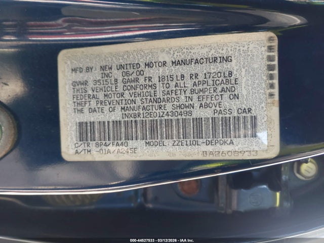 2001 TOYOTA COROLLA 1NXBR12E01Z430498 Photo 8
