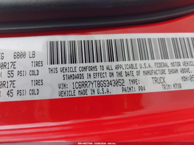 2016 Ram 1500 Rebel მანქანა იყიდება აუქციონზე, vin: 1C6RR7YT8GS343052, აუქციონის ნომერი: 44527546