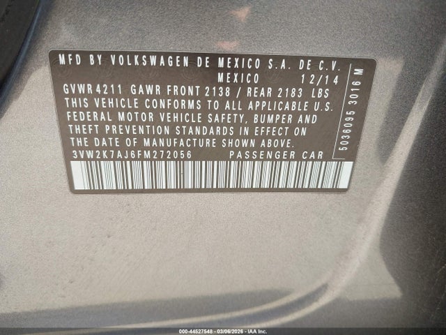 Aukcja sprzedaży 2015 Volkswagen Jetta 2.0l S, vin: 3VW2K7AJ6FM272056, numer aukcji: 44527548