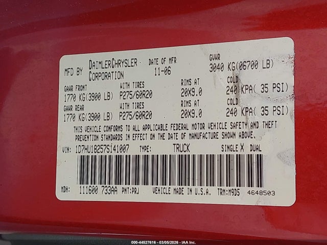 2007 Dodge Ram 1500 Slt/trx4 Off Road/sport მანქანა იყიდება აუქციონზე, vin: 1D7HU18257S141007, აუქციონის ნომერი: 44527616